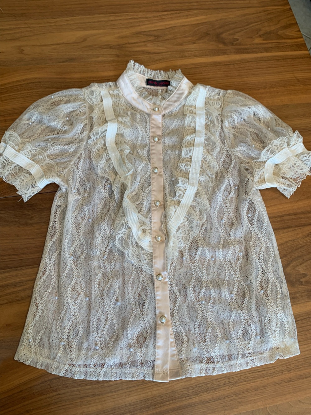 Pink Violet sheer lace short sleeve top, cream, high collar, ruffles, pearls,